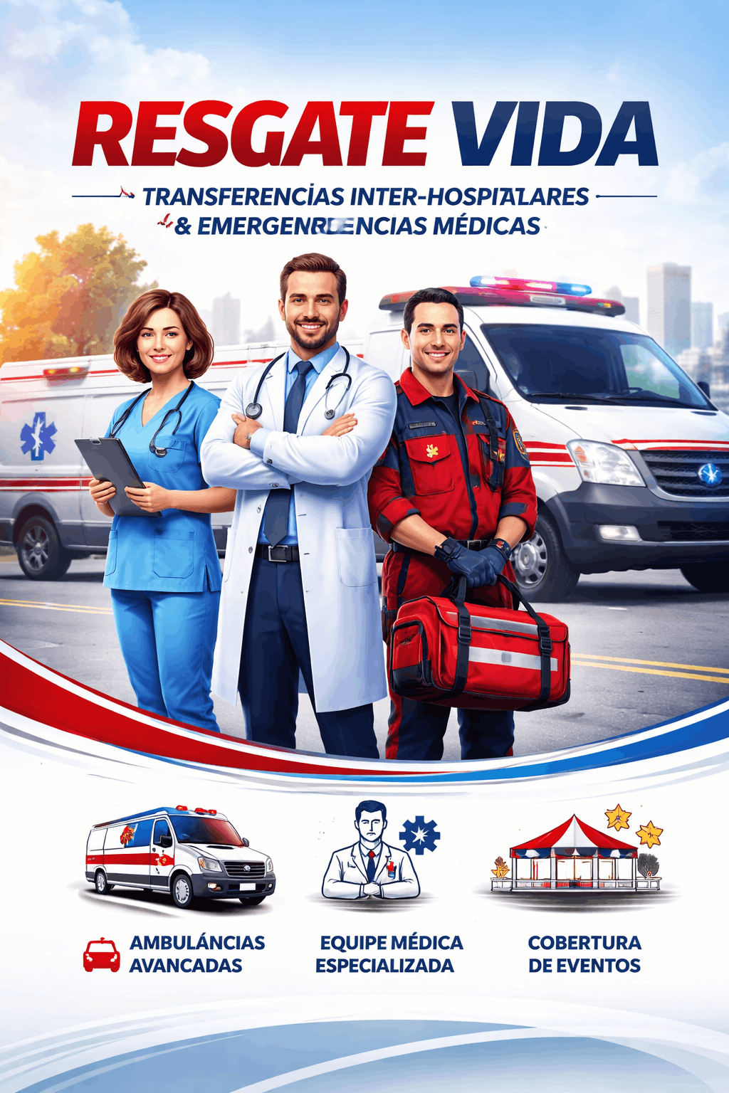 Equipe médica da Resgate Vida em cobertura assistencial com ambulância